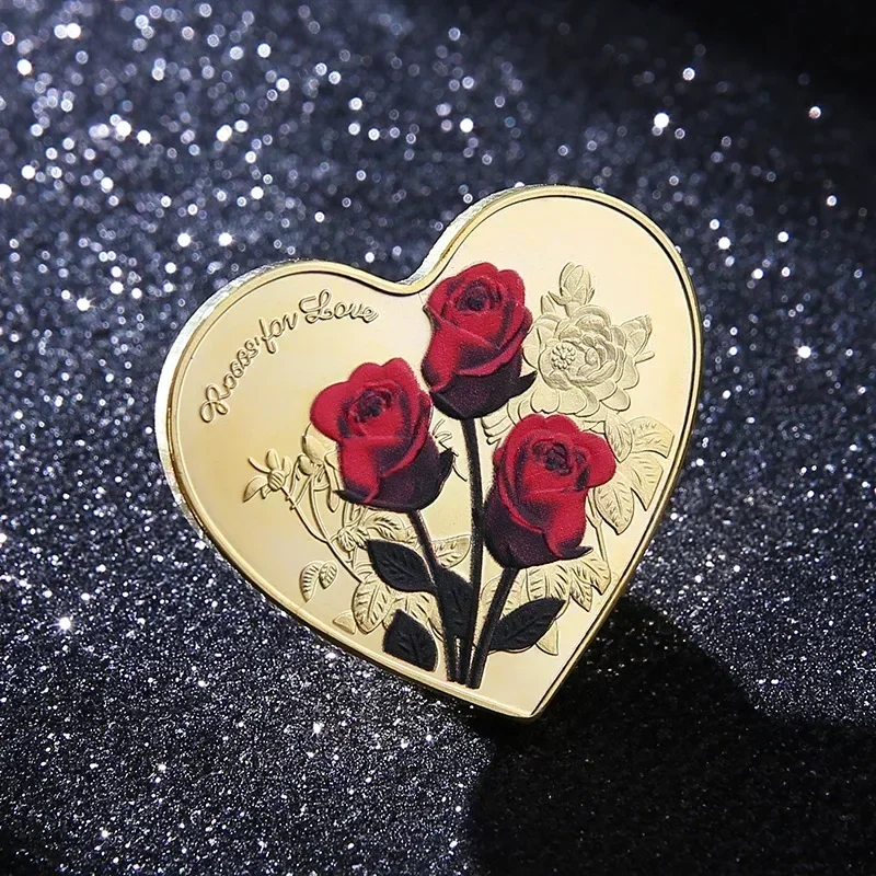 Red Rose Shape Commemorative Coin Heart Love Wedding Decoration Valentine Gift Non-currency Coins