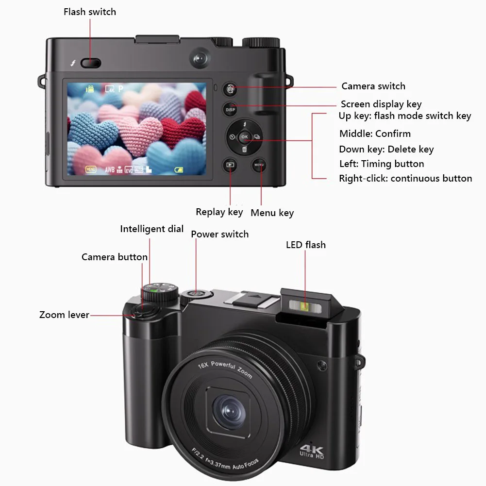 4K 64MP Digital Camera Vlogging Camera Autofocus Compact Digital with Anti-Shake Flash 16X Zoom for Photography