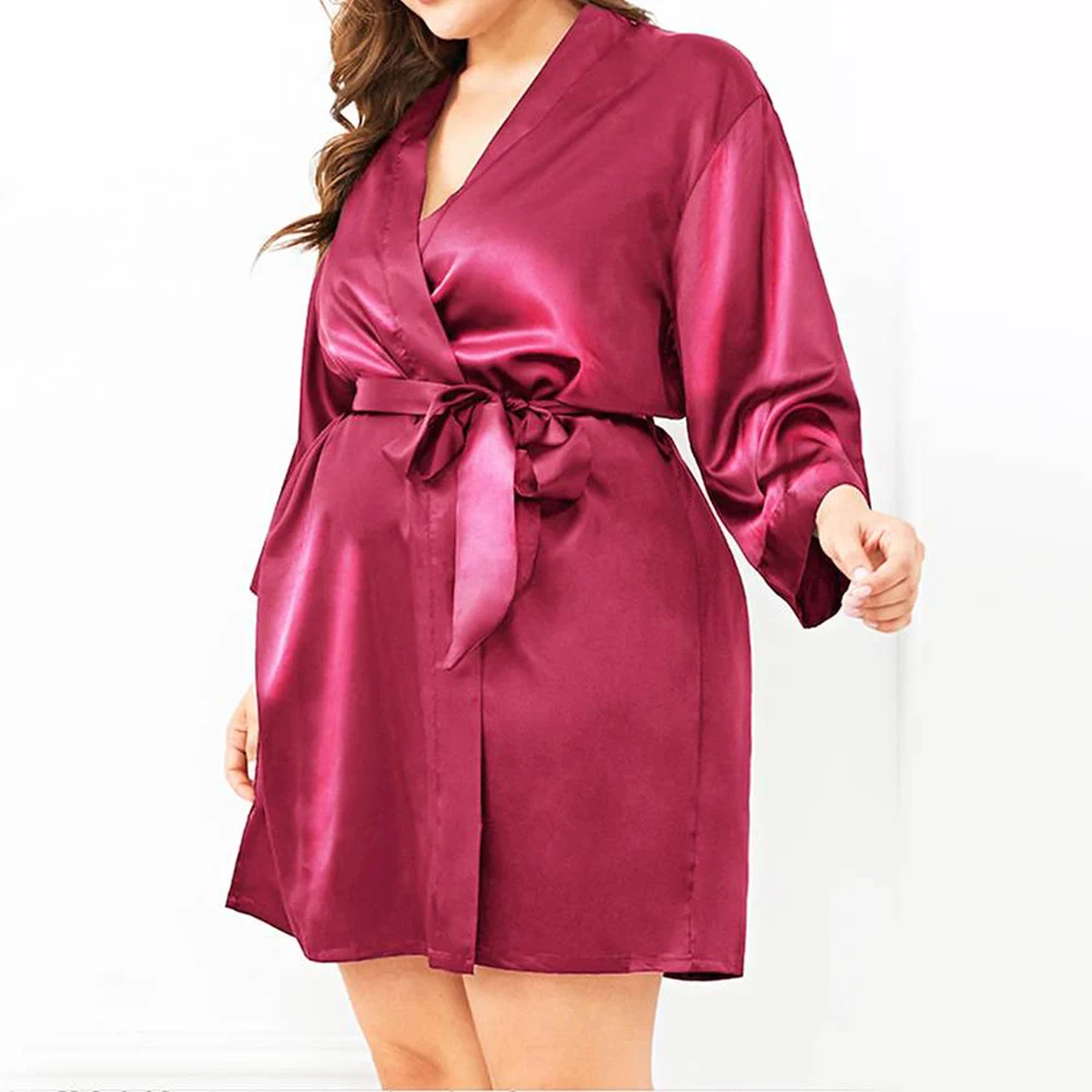 Women Robes Solid Sleepwear Hot Sexy Bathrobe Plus Size Robe Dress Long Sleeve Nightdress Smooth Soft Comfortable Nightwear