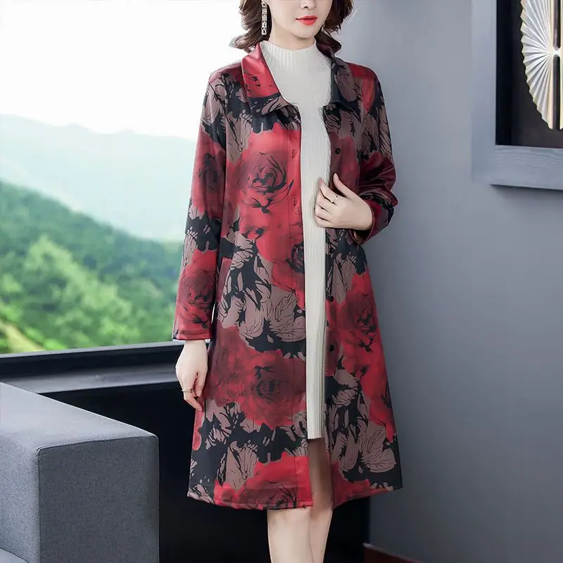 2023 Autumn and Winter Ethnic Style Printed Fashion Retro Loose Casual Oversize Mid to Old Age Women's Knee Length Trench Coat