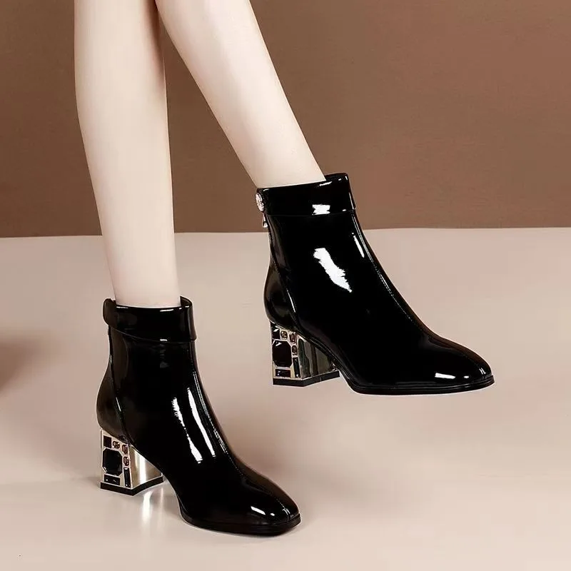 New Ankle Boots Soft Patent Leather Women Boots Thick Highs Ladies Shoes Autumn Winter Zipper Woman Boots Black 2022