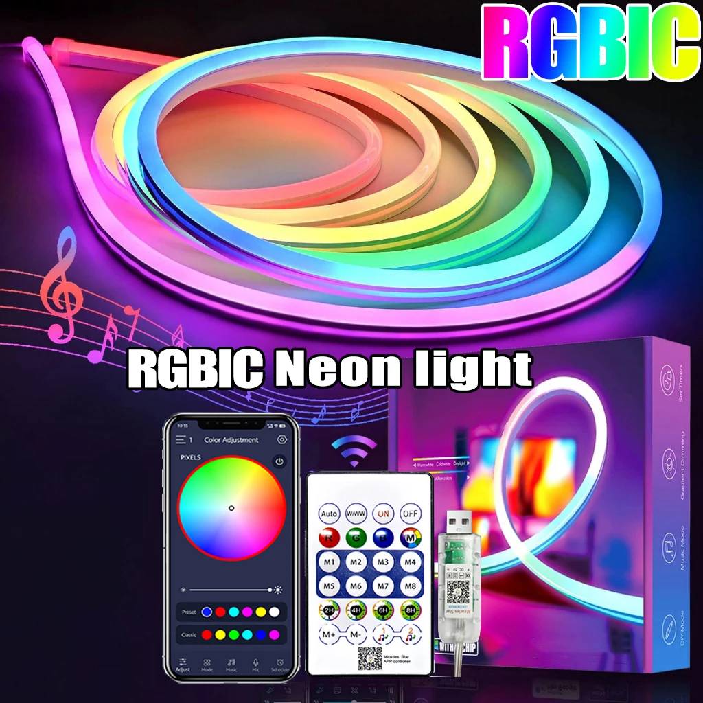5V RGB+IC 네온 스트립 라이트 1M 2M 3M 5M 10M USB 방수 플렉시블 LED 스트립 조명 블루투스 리모컨 포함 홈데코용