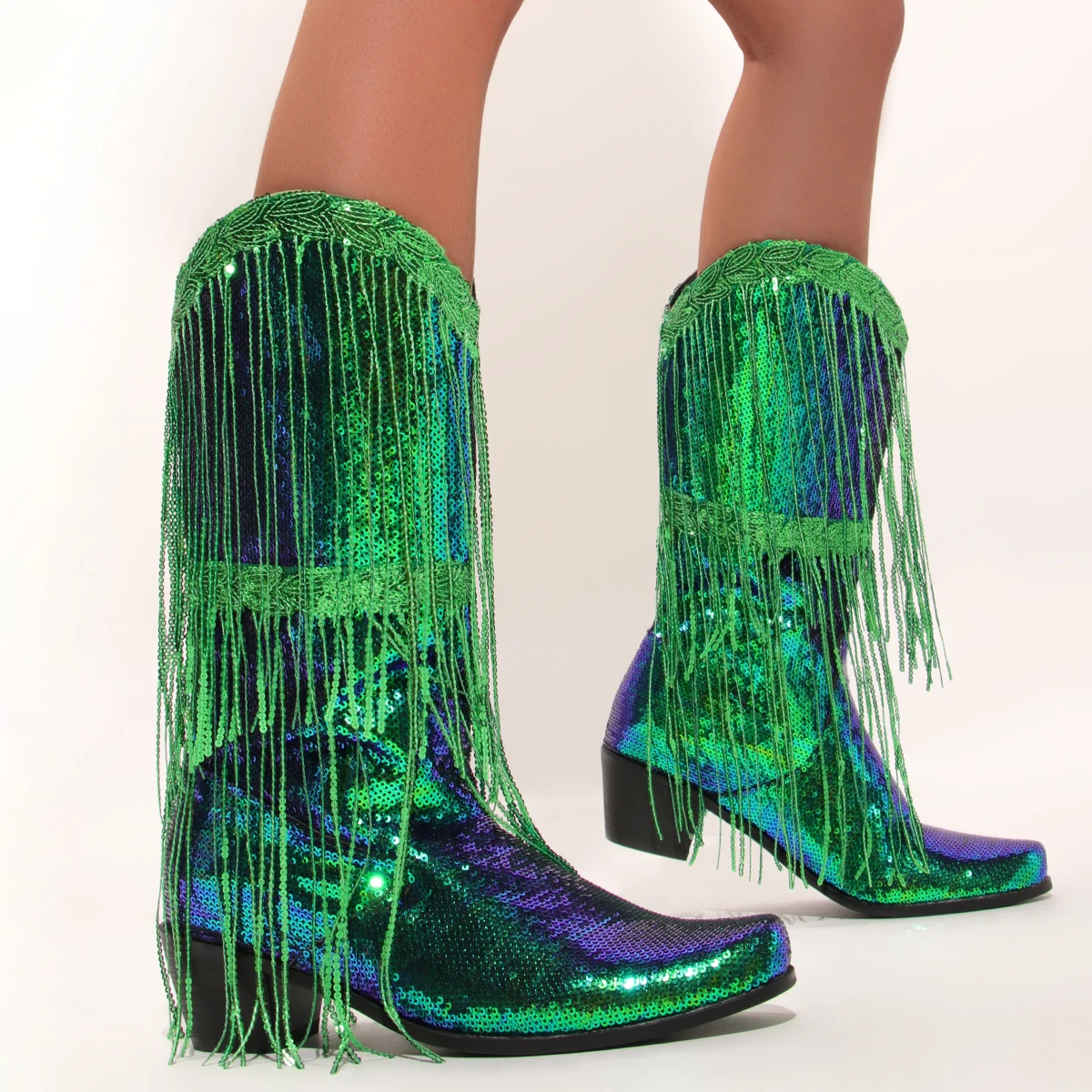 

2024 New Chunky Heels Embroidered Fringe Cowgirl Boots Vintage Tassel Western Boots Women Slip-on Pointed Ethnic Boots