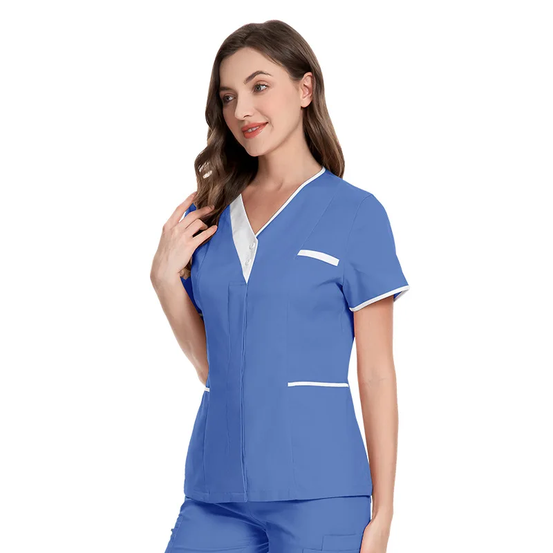 

Healthcare Nurse Tunic Women Solid Pocket Scrub Tops Short Sleeve Blouse Beauty Salon Overalls Medical Dental VET Carer Uniforms