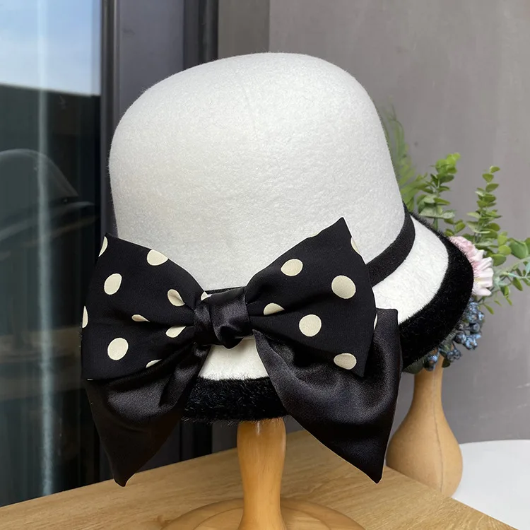 

Autumn Winter Women Fedoras Hat Bowknot Dot Vintage Wool Ladies Hat Dome Felt Wedding Church Jazz Cap Female Bow Bowler