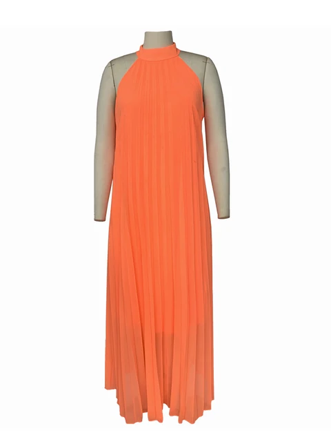 Vestido De Gasa Plisado Talla Grande Mujer - Corte En A, Manga 3/4 - Holgado Y Cómodo - Poliéster