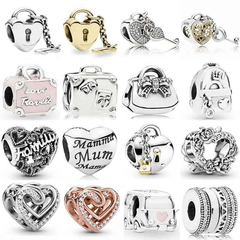 

Entwined Heart Sparkling Bow Handbag Mum Script Key To My Heart Lock Charm 925 Sterling Silver Bead Fit Fashion Bracelet Jewelry