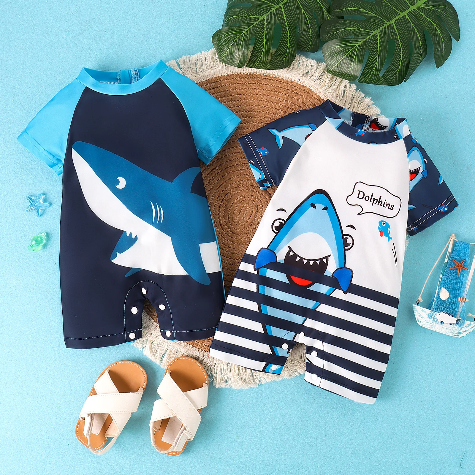 Summer 0-2 Years Old Fashion Trend Cute Baby Universal Comfortable Soft Shark Print Clear Swimsuit Jumpsuit Personality 1
