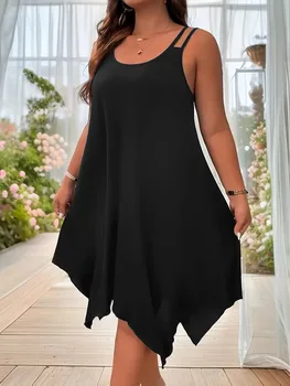 Plus Size Womens Solid Strappy Asymmetrical Hem T Shirt Midi Dress Ladies Sleeveless Casual Loose Summer Holiday Sundress XL-5XL 1