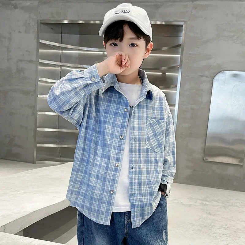 Spring Autumn Plaid Shirt Thin Outerwear for Boys Mid Large Children Fashionable Clothing Spring Autumn Style Lightweight Jacket