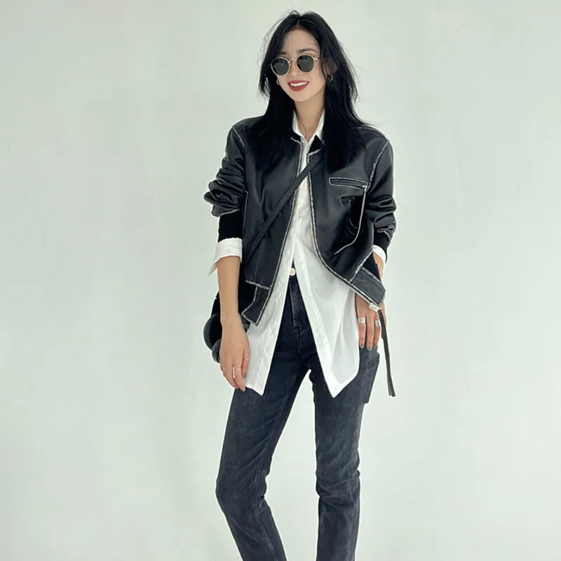 

Куртка женская из натуральной овечьей кожи, с воротником-стойкой