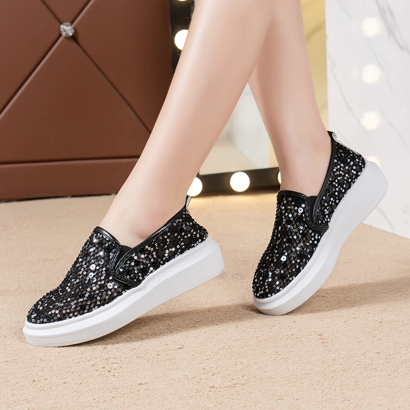 Rimocy Gold Silver Sequined Loafers Women 2022 Summer Slip on Breathable Mesh Casual Shoes Woman Thick Bottom Platform Flats