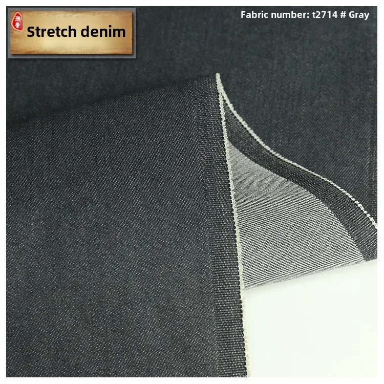 Medium Stretch Wide Width Denim Fabric 330g Right Slant Pattern Black Base Black Surface Elastic Jeans Material T2714