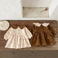 Ins Autumn Infant Baby Girl Dress Cotton Floral Print Long Sleeve Infant Girl Dress Contrast Turn Down Collar Toddler Girl Dress 3