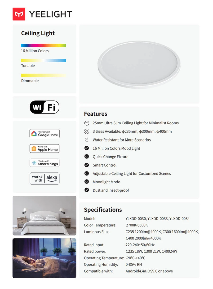 ضوء سقف ذكي من ييلايت بتقنية LED، إضاءة محيطة فائقة النحافة بألوان RGB، تحكم صوتي عبر واي فاي، 6500 كلفن، متوافق مع هوم كيت ومي هوم وجوجل