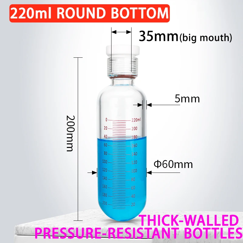 220-1000ml thick-walled pressure-resistant bottle with round bottom, screw-top glass colorimetric tube with scale PTFE