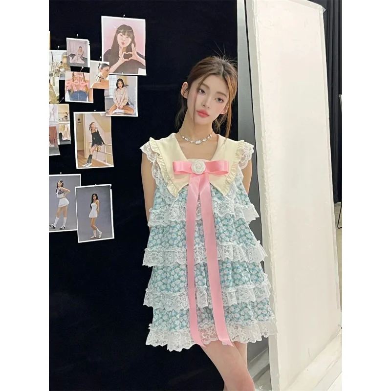 

Sweet Fresh Lace Age-Reducing Floral Dress Summer New Waist Slimming Cake Skirt Women