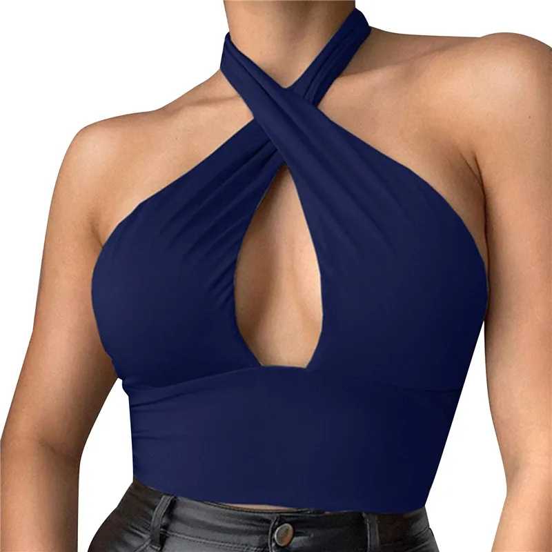 Women Strappy Cross Over Front Cut Out Halter Neck Sleeveless Backless Crop Top Bandage Vest Summer Sexy Tops Woman Clothes nude camisole