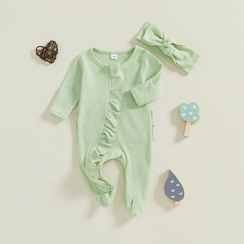 Baby Girl Fall Footies Outfits Ruffle Trim Long Sleeve Full Length Zipper Footed Romper Bow Headband
