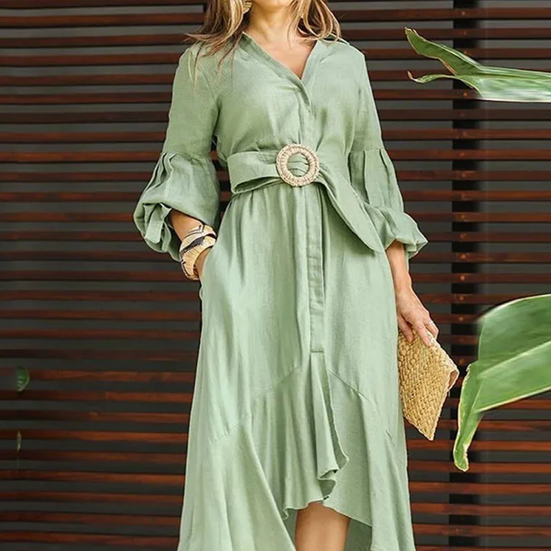 

Women Formal Occasion Dresses V Neck Lapel Full Sleeve Pockets Belt Decorated Long Dress Spring Lady Streetwear Dress 2023 New