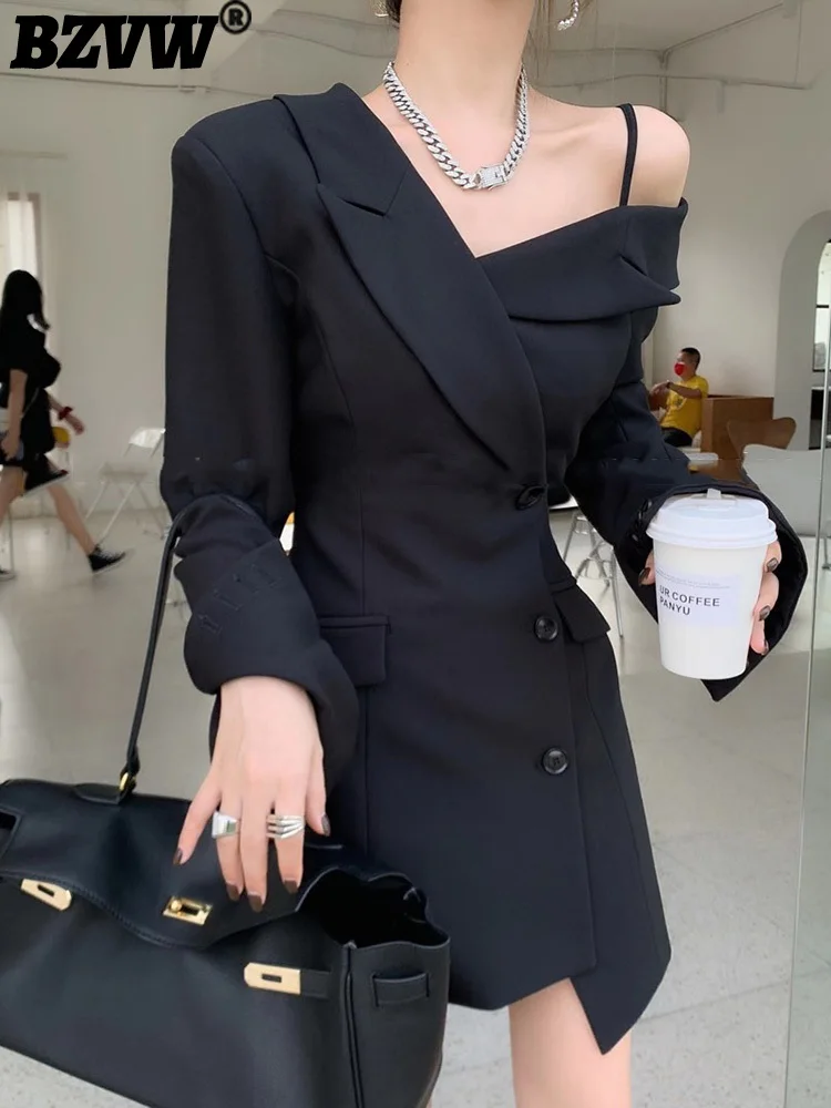 BZVW Asymmetric Off Shoulder Niche Design Sense Long Sleeved Blazers Dresses Women's 2023 Autumn New Trend A-line Female 25X2838