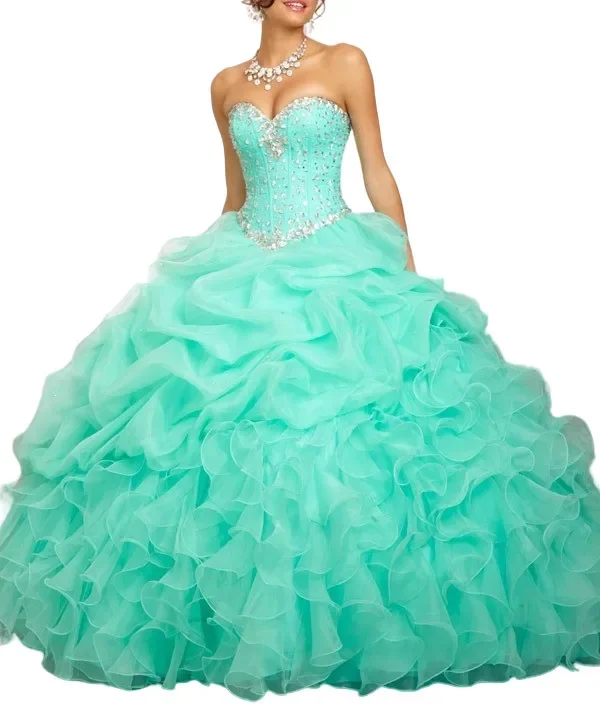 

Real Photos Organza Ruffled Lime Green Dress for 15 Years Diamond Beaded Ball Gown Quinceanera Dresses