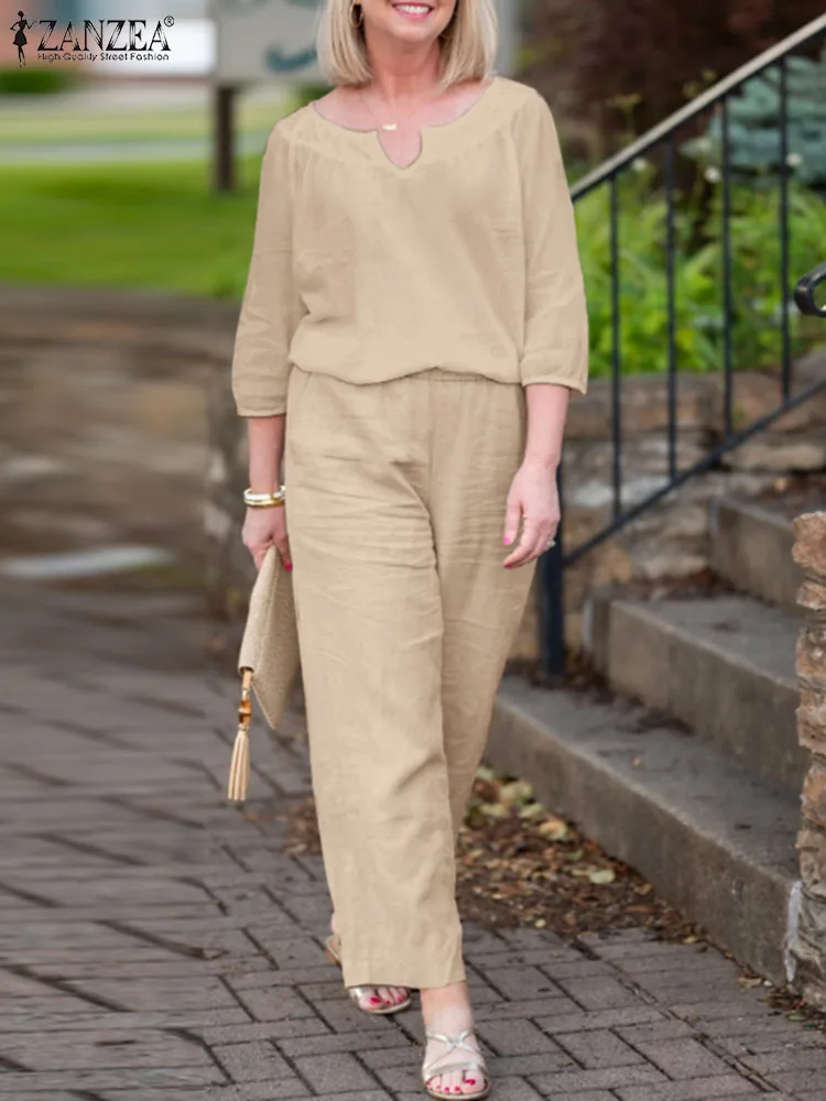 

Брюки ZANZEA женские с широкими штанинами, модные однотонные рабочие городские спортивные костюмы, комплект из 2 предметов с V-образным вырезом и рукавом 3/4