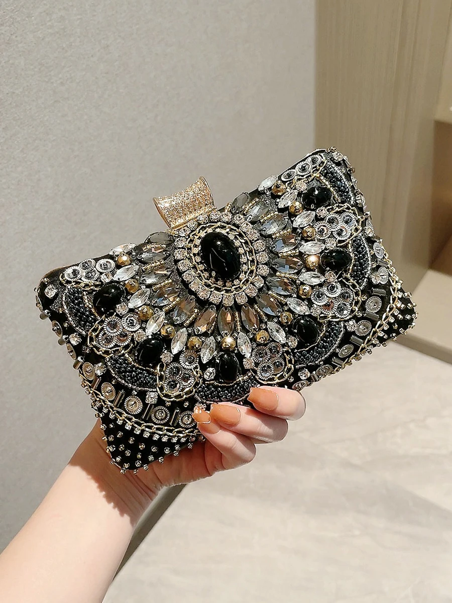 Dexmay Velvet Evening Bag with Crystal Rhinestone Flower Clasp Formal Party Clutch  Purse Black : Amazon.in: Fashion