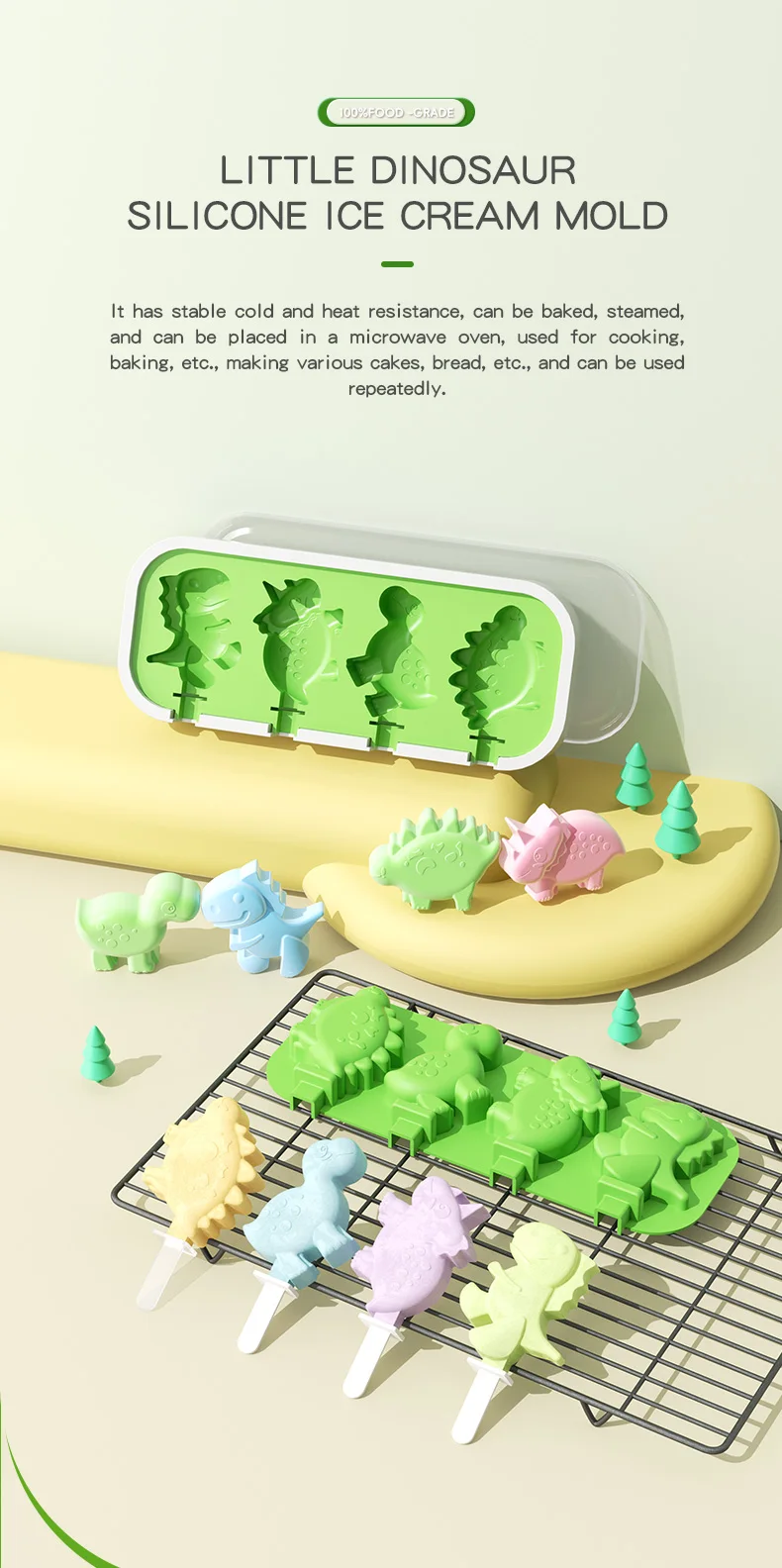Silicone Ice Cream Mold with Lid and Sticks Dinosaur Shape