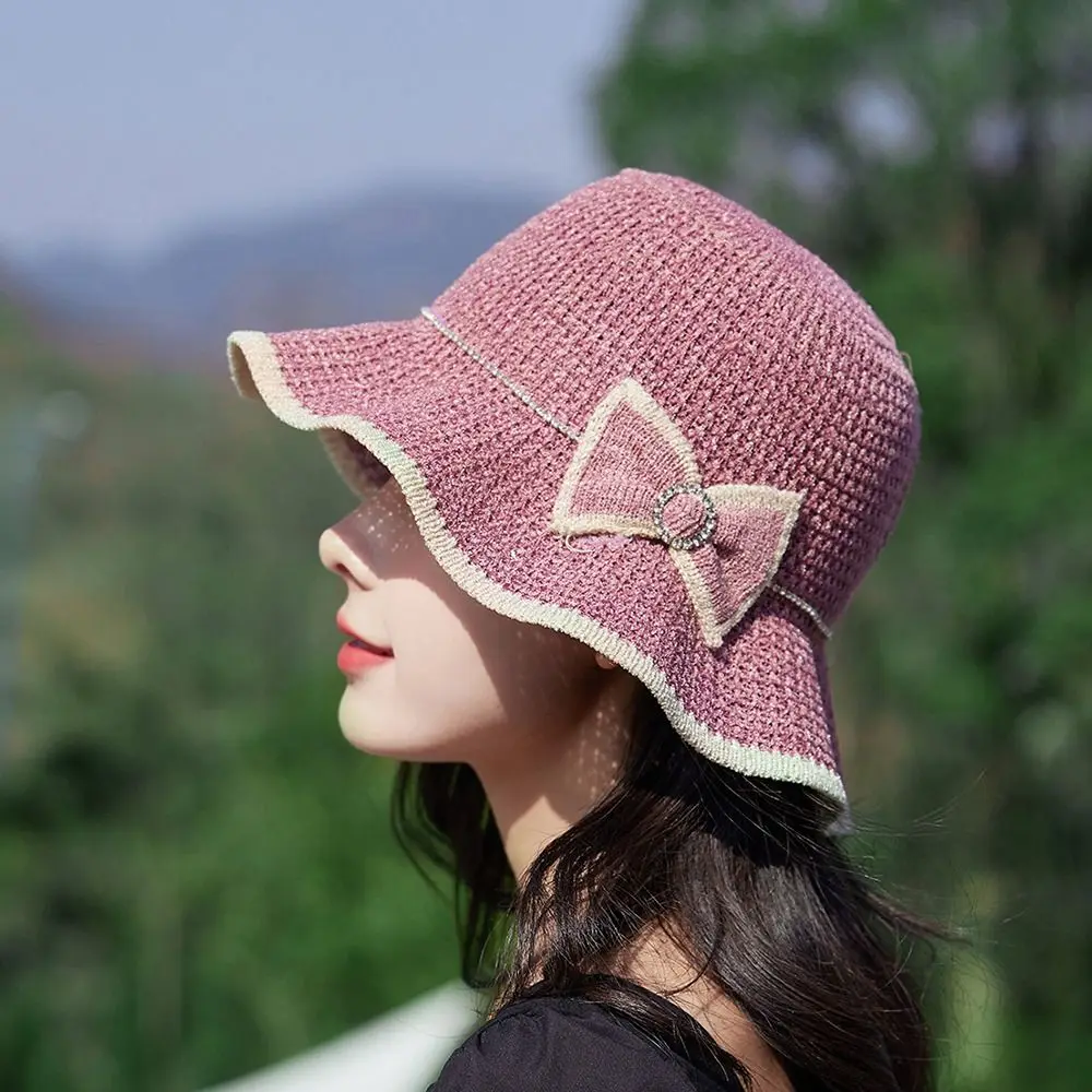 

Fashion Cute Beach Solid Color Knitted Outdoor UV Protection Summer Bowknot Sun Hat Women Cap Fisherman Hat Bucket Hat