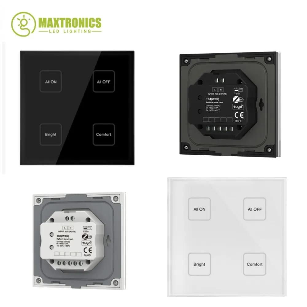 4 Button Zigbee3.0 Wall Mounted LED Touch Panel Remote TS4(WZS) 100-240VAC Scene Recall Function Through Tuya APP For LED Lights