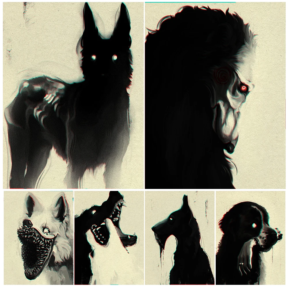 

Wolf Dog Fangs Abstract Vintage Wall Art Canvas Painting Creepy Horror Animal Gothic Art Poster Print For Living Room Decoration