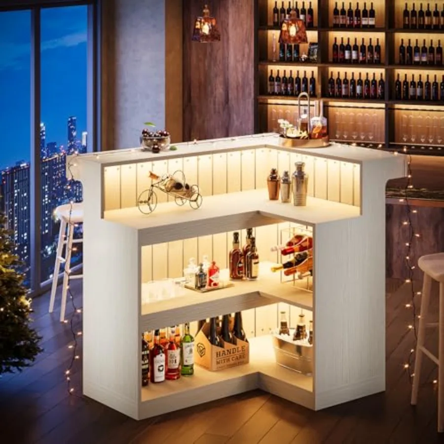 L-Shaped Home Bar Unit 4-Tier Corner Liquor Bar Table with Storage Shelves and Wine Glasses Holder Industrial Wine Cabinet Rece