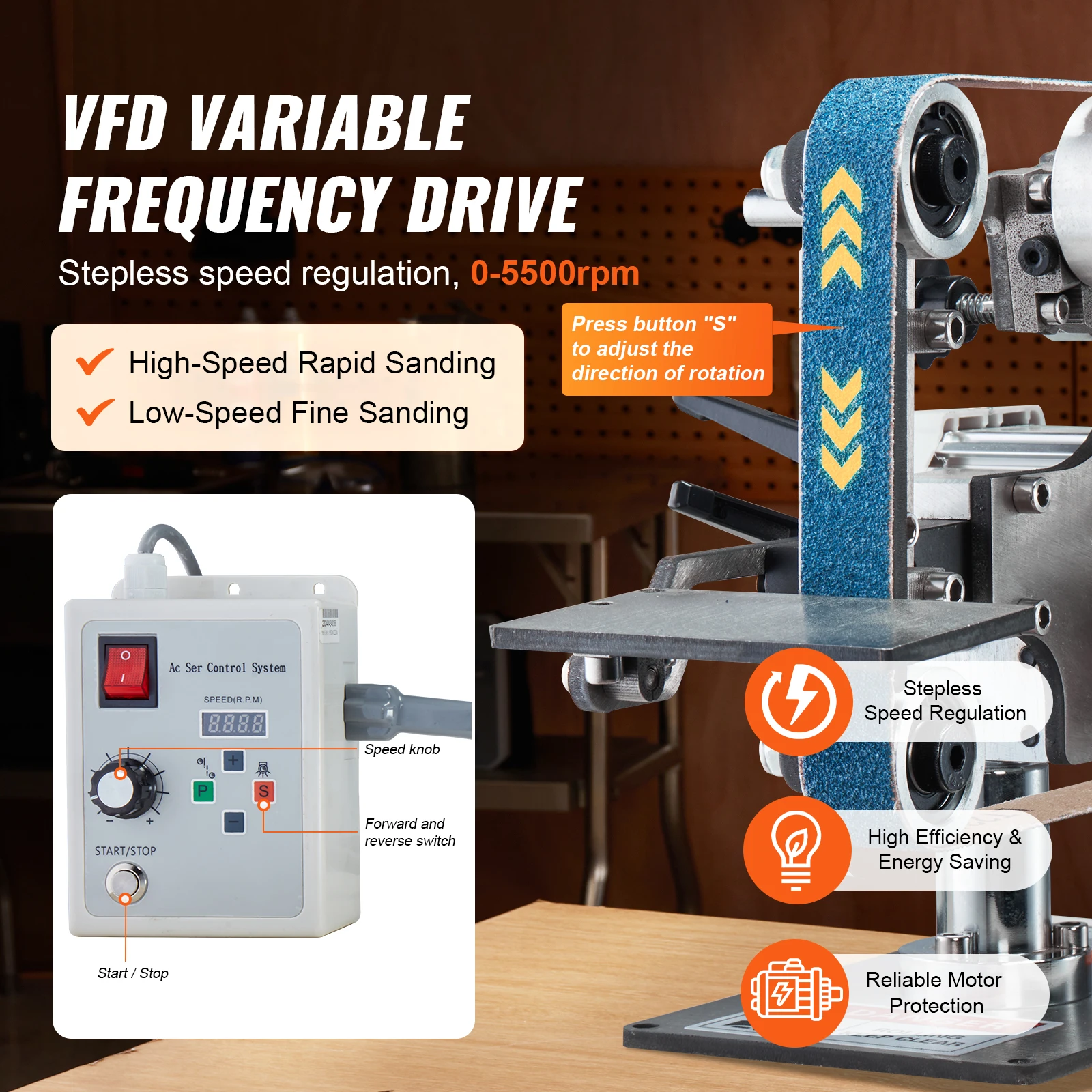 VEVOR Belt Grinder Sander 30 x1-Inch Variable Speed Belt Polisher with VFD 550W Polishing Grinding for Metalworking Knife Making 3
