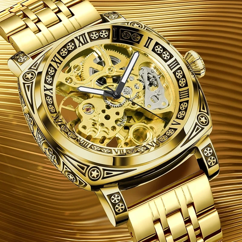 GLENAW Skeleton Mechanical Watch Men Vintage Engraved Auto Mechanical Wrist Watches Gold Stainless Steel Strap Erkek Kol Saati
