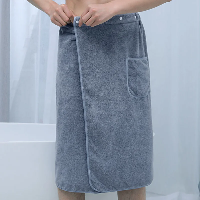 Men's Shower Towel With Safety and Pocket Quick Drying Water Absorption Bath Skirt Microfiber Buckle Towel Large Bathrobe