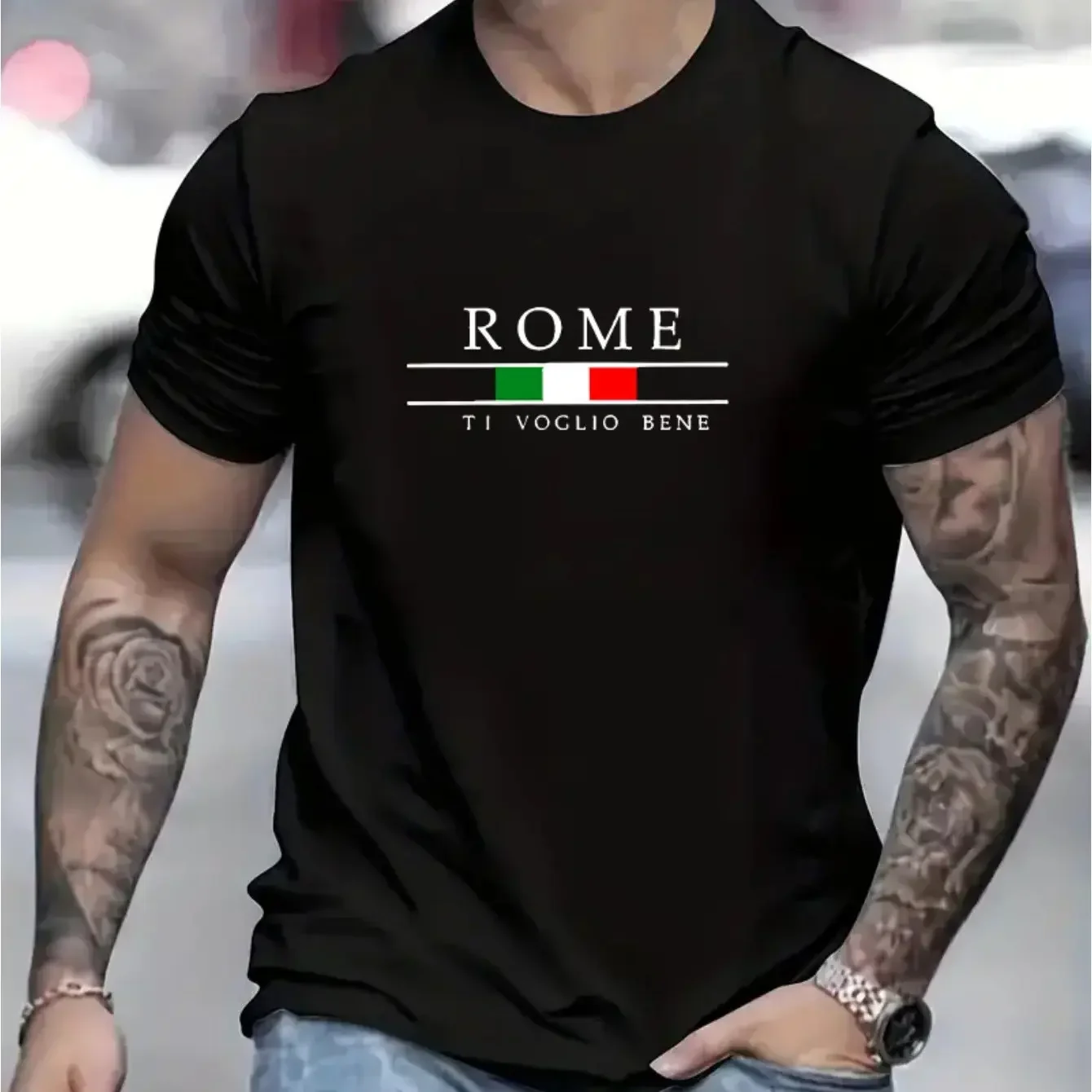 thumbnail image 1 of Camiseta de verano 100 % algodón para hombre, holgada, con estampado de alfabeto romano grande, informal, cómoda, con cuello redondo y manga corta, 1 of 5