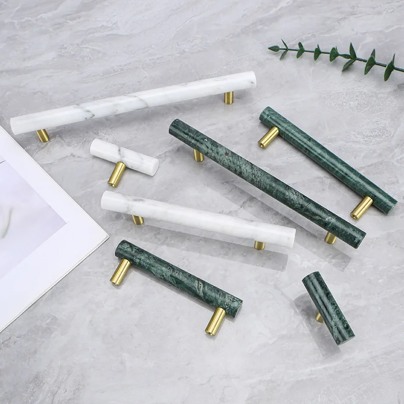 ทองเหลืองหินอ่อนตู้จับหินธรรมชาติตู้เสื้อผ้าจับ Pastoralism เฟอร์นิเจอร์ดึงบาร์ลิ้นชัก T บาร์สีเขียวสีขาว 1