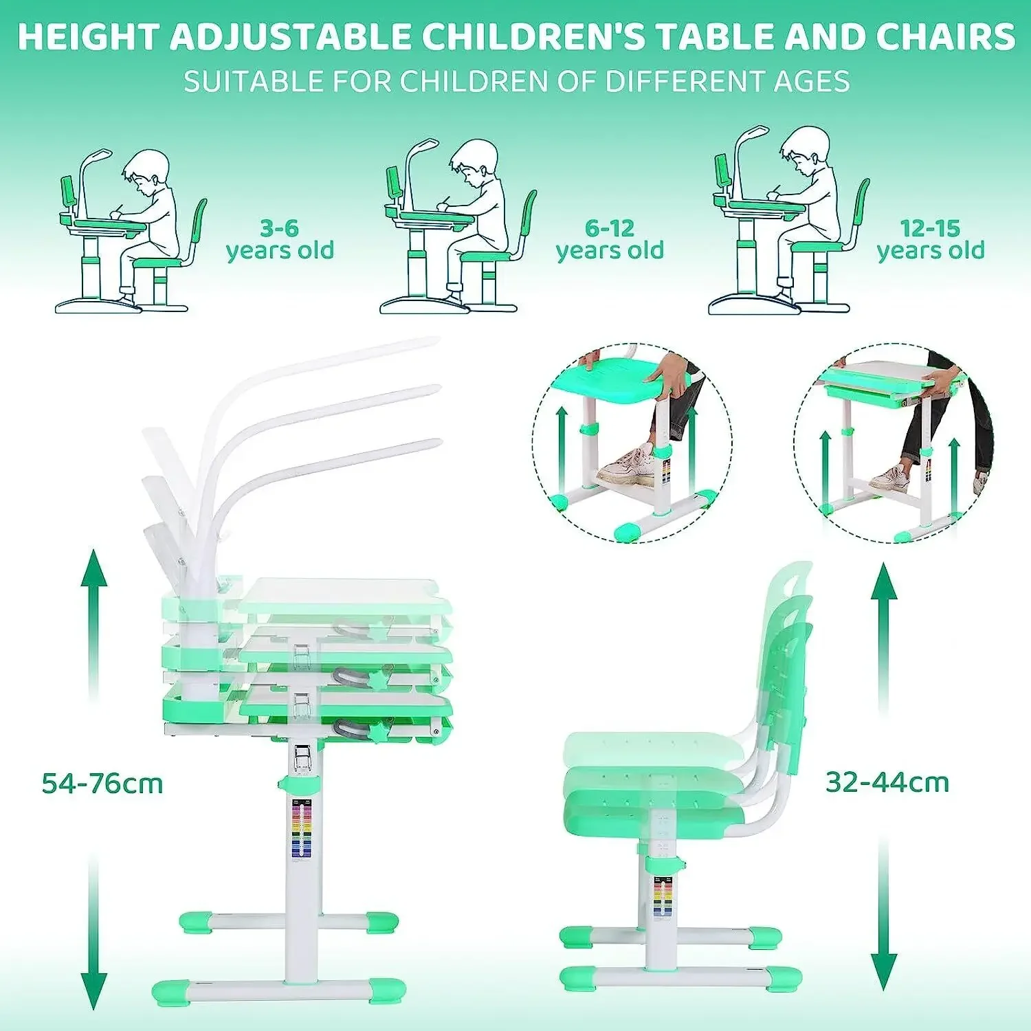 Student Children's Desk, Ergonomic Table and Thair Set, with Drawer, Reading Stand, Anddimmable LED Lamp, Height-Adjustable 3