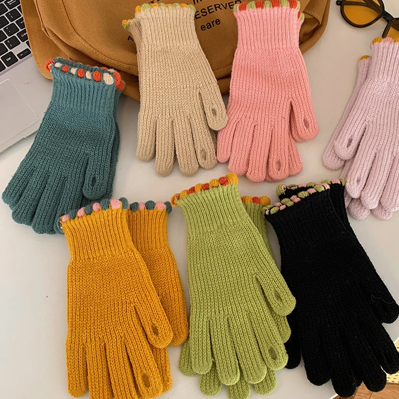 

1Pair Padded Gloves Kawaii Winter Warm Padded Students Riding Touchscreen Full Finger Gloves