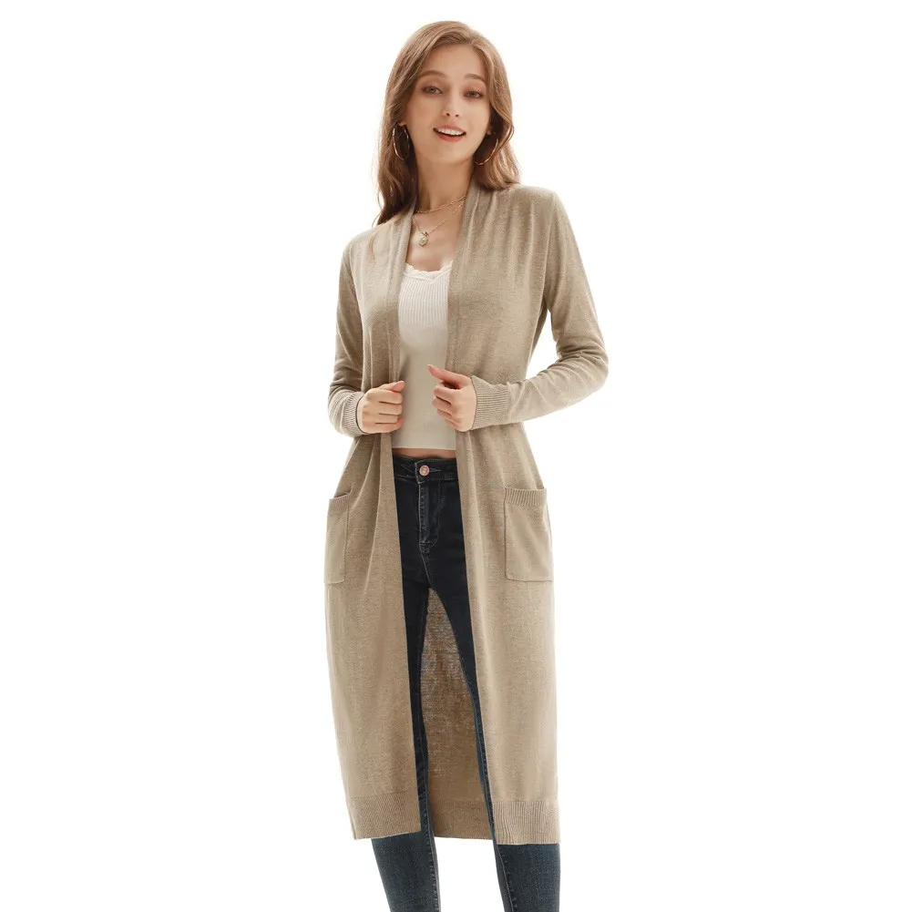 GK Women's Long Knitted Coat Causal Fashion Knitwear With Pockets Long Sleeve Open Front Solid Vintage Office Lady Outerwear