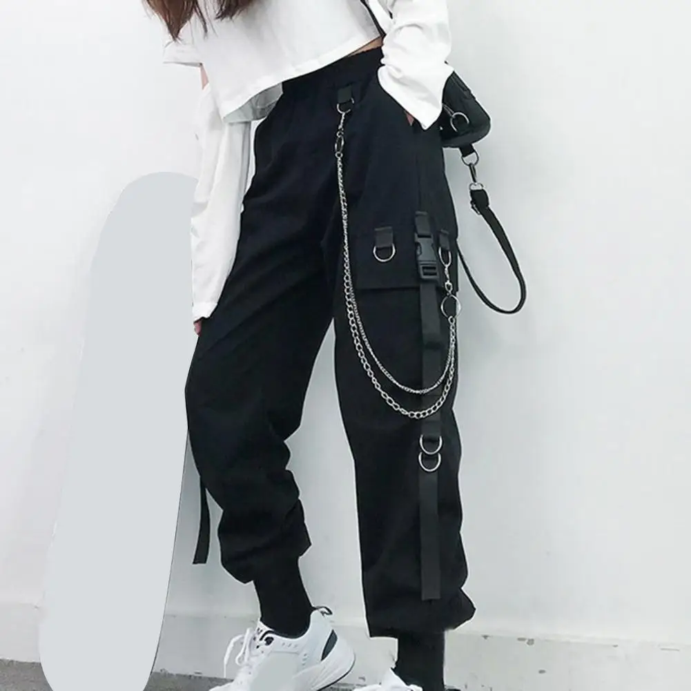 

Multiple Pockets Women Pants Stylish Women's Cargo Pants Chain Decor Multi Pockets High Elastic Waist Trendy for Comfortable