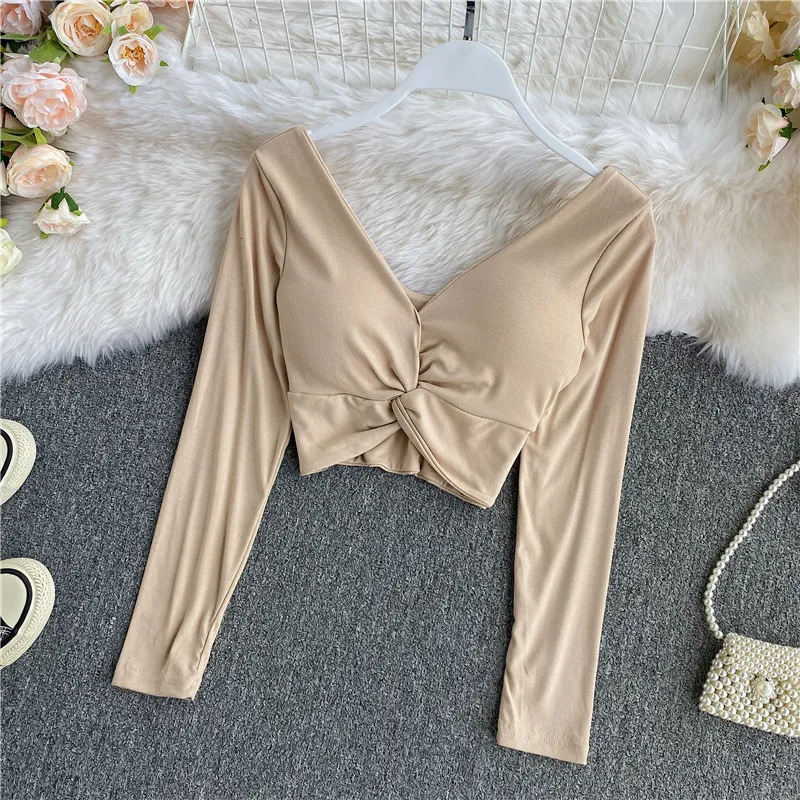 Sexy Knot Low Cut V Ne T irt Women's High Waist ort Top Hong Kong Sle Sve Longevi Autumn New Arrival