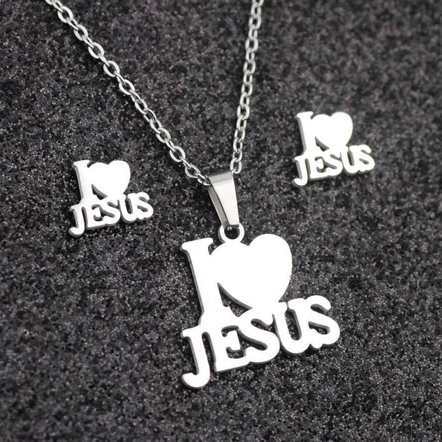 S342352649a87425294dbbd6755528adfw Fashion Stainless Steel Jesus Cross Men Charm Heart Letter Pendant Necklace Jewelry Set Chain Christian Symbol Jewelry Gifts Mallzona