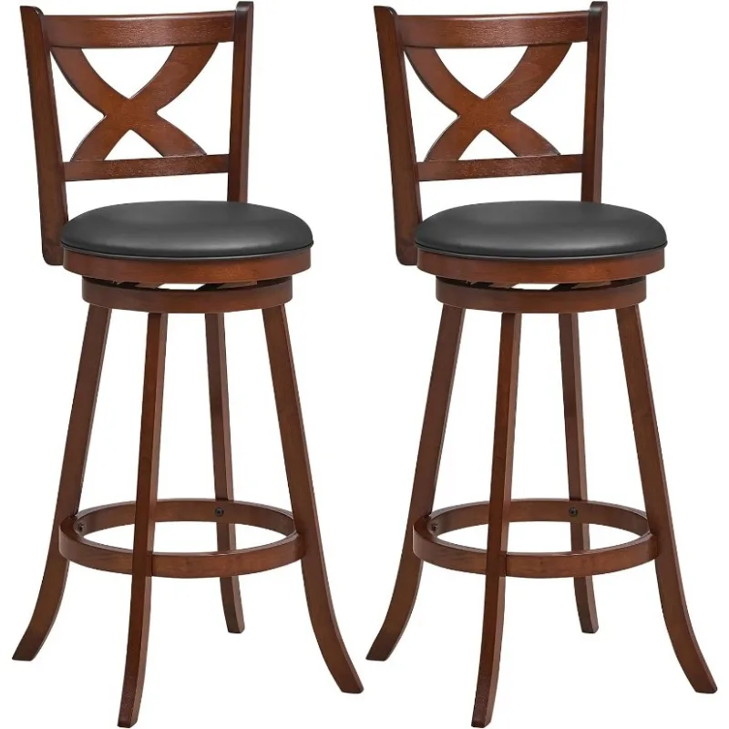 Bar Stools Set of 2, 30" Bar Height Stools with Back, Solid Rubber Wood Frame, Leather Padded Seat, Vintage Upholstered Armless