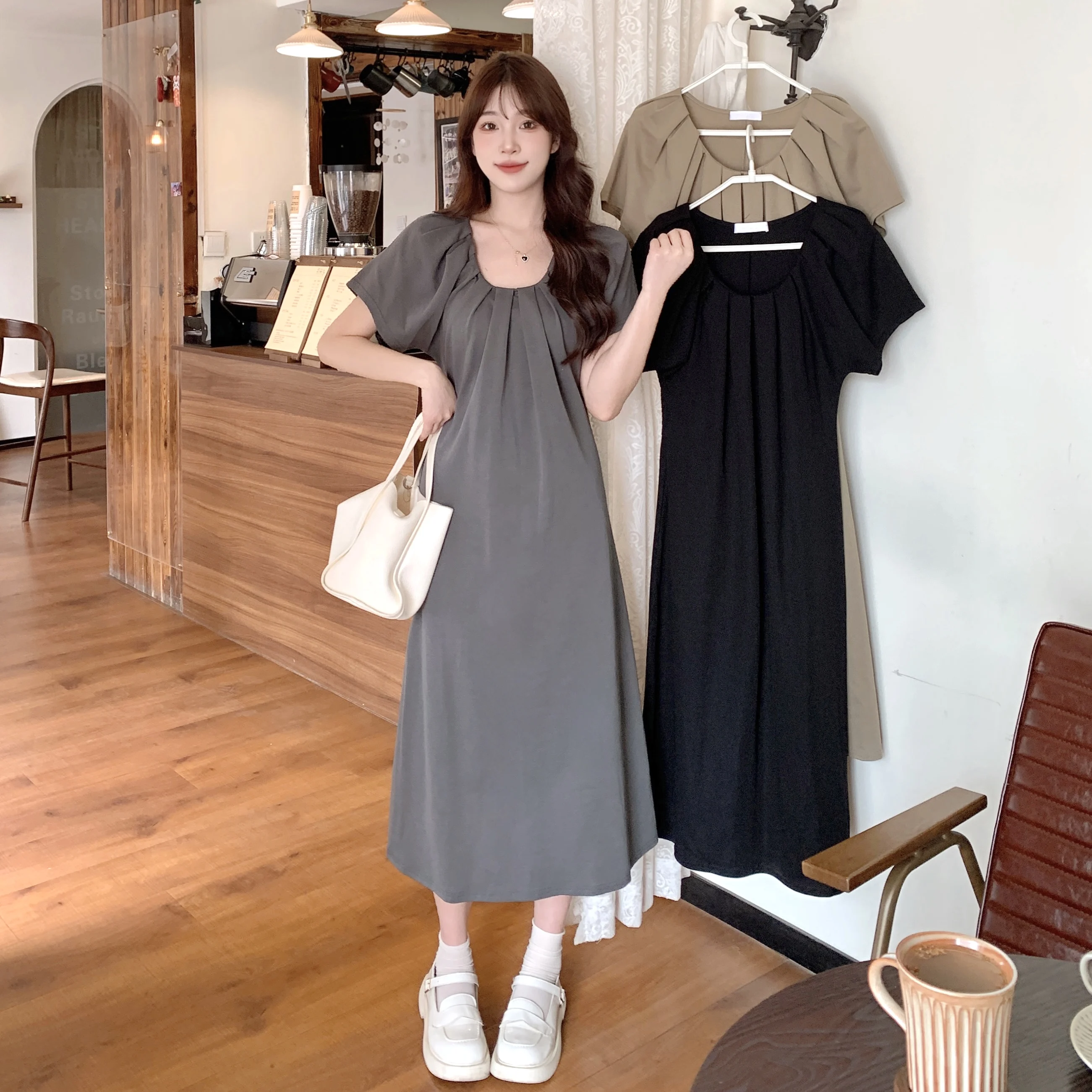 

2024 Women's Summer New Fashion Loose Short-sleeved Dress Female Solid Color A-line Vestidos Ladies O-neck Long Dresses C155