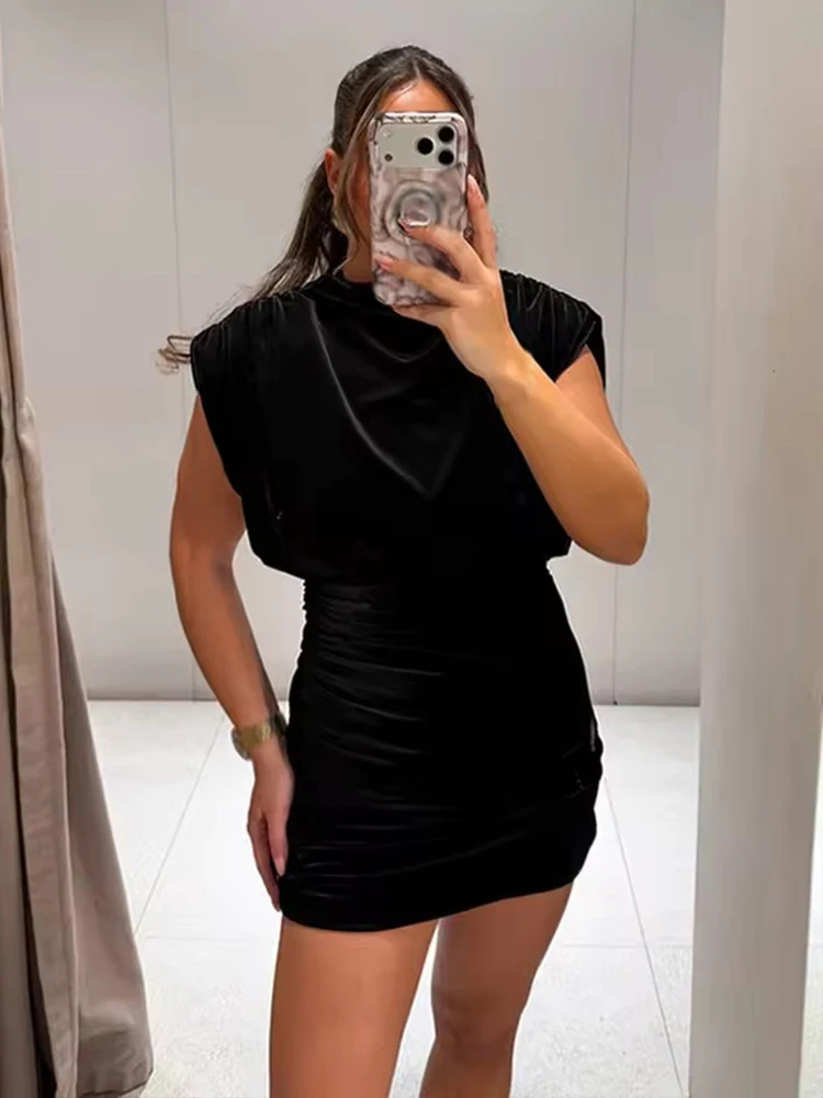 Women Velvet Shoulder Pads Short Dress O Neck Sleeveless Ruched Bodycon Mini Dresses Female Black Elegant Party Dresses
