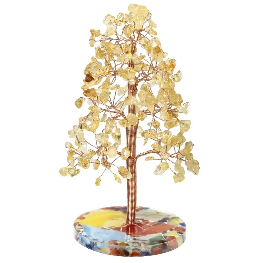 Natural Citrine Crystal Money Tree With Agate Slices Resin Base Healing Minerals Gem Stone Crafts Lucky Room Decor Home Ornament