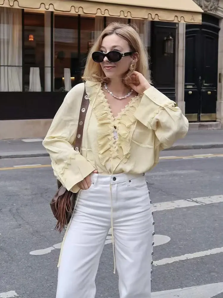 HH Women Yellow Piece Set Elegant Ruffled Lace-up Shirts High