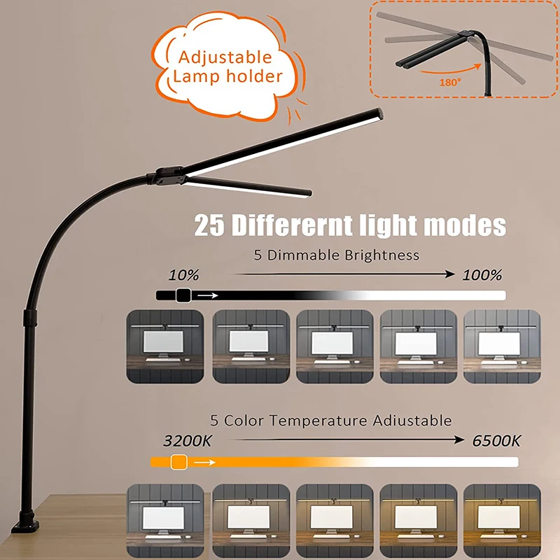 LAOPAO Double Head LED Desk Lamp EU/US Architect Desk Lamps Office 24W Brightest 5Color Modes and 5 Dimmable Eye Protection lamp